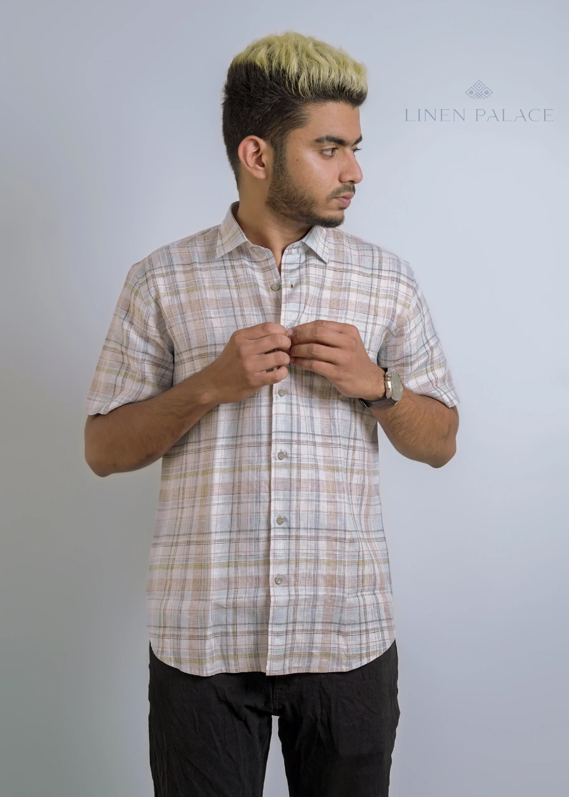 PURE LINEN BURNT UMBER CHECK MEN'S SHIRT - Image 2
