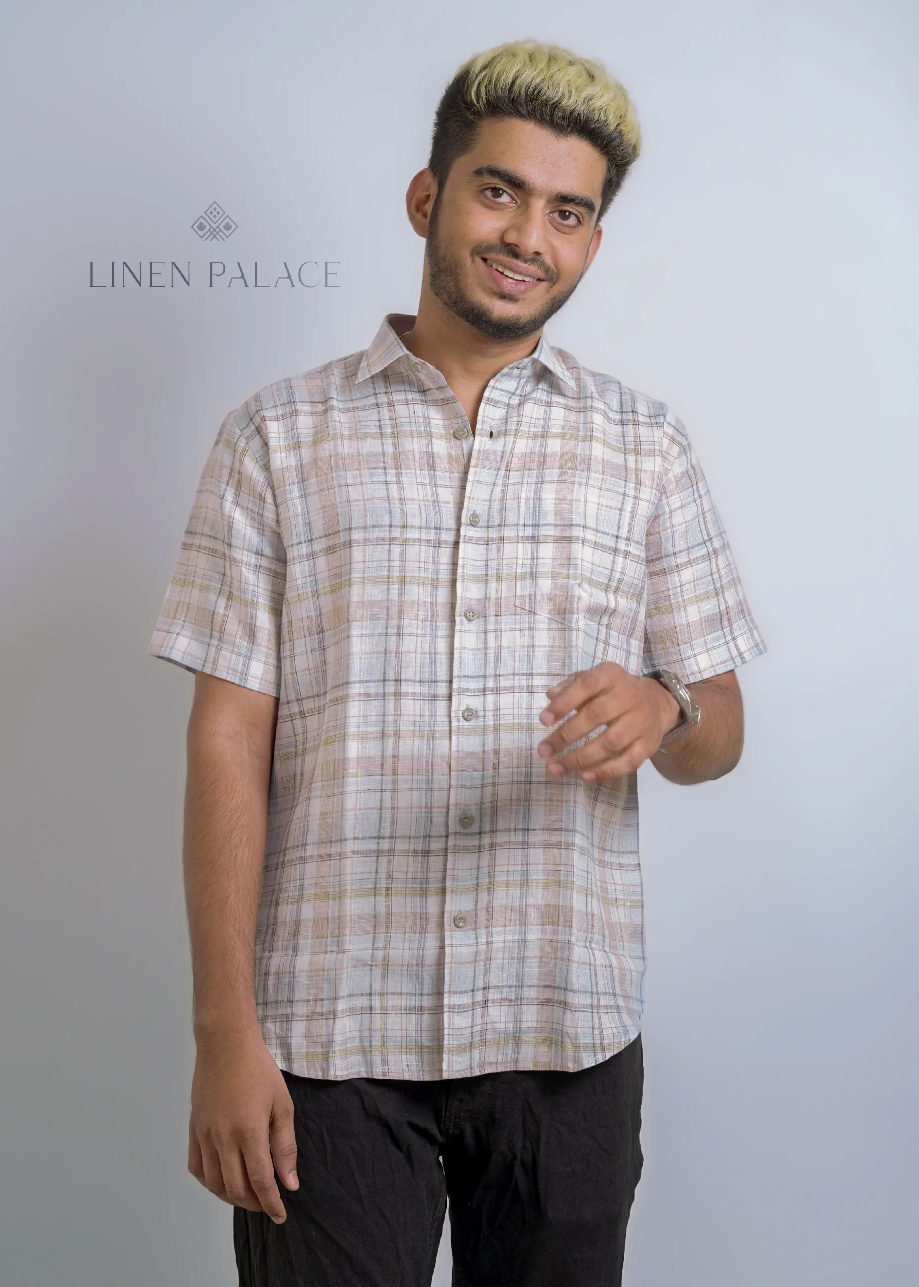 PURE LINEN BURNT UMBER CHECK MEN'S SHIRT