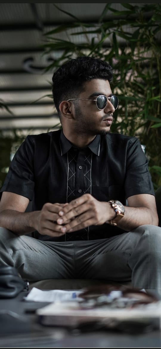 Midnight Elegance Pure Linen Black Line Men's Shirt - A sophisticated black shirt with subtle line design