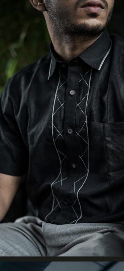 Midnight Elegance Pure Linen Black Line Men's Shirt - A sophisticated black shirt with subtle line design